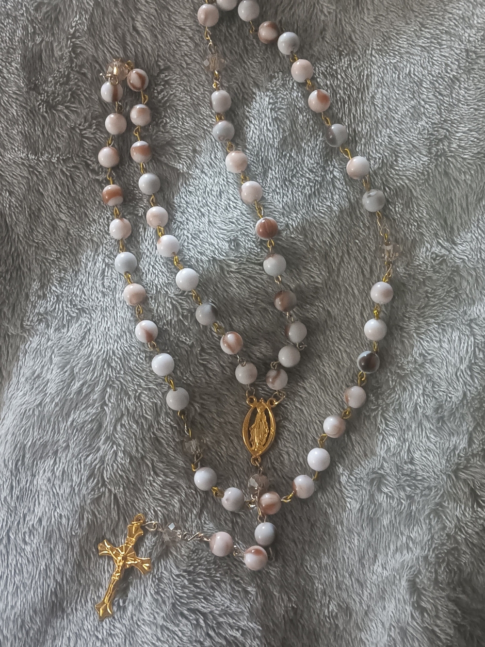 Gold-Tone Rosary with White and Beige Beads